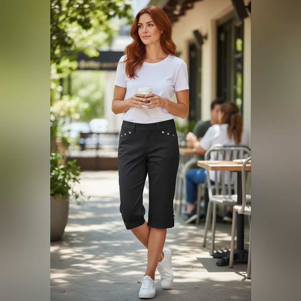 Vintage Cropped Pants Size L GRAY Polyester Straight Leg Cuffed Business Casual